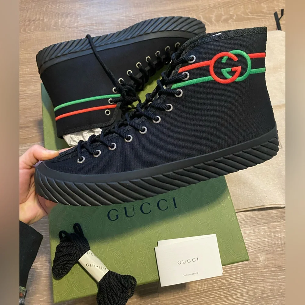 NWT Gucci GG men’s black interlocking G canvas high-top sneakers - Picture 2 of 9